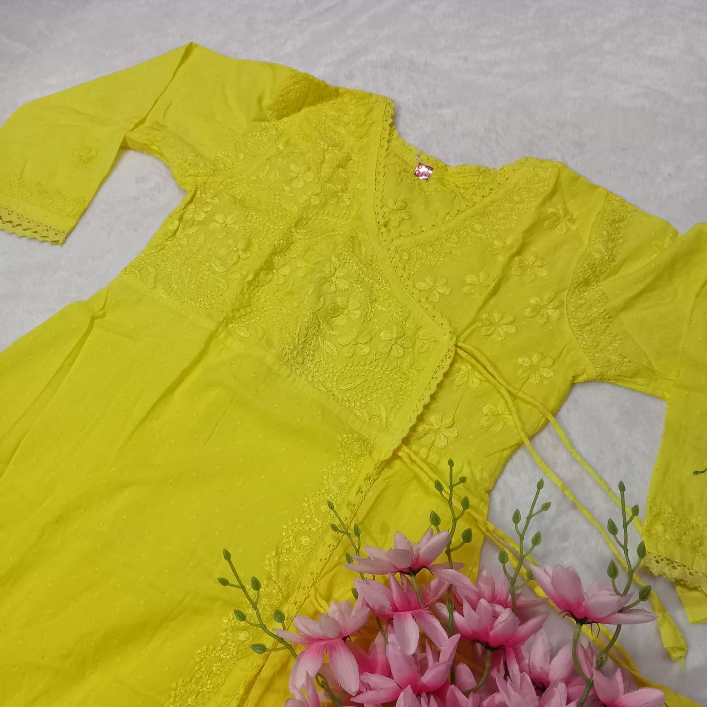 Ombre Shaded Dobby Cotton Chikankari Angarakha - Yellow Colour - Chikankaar