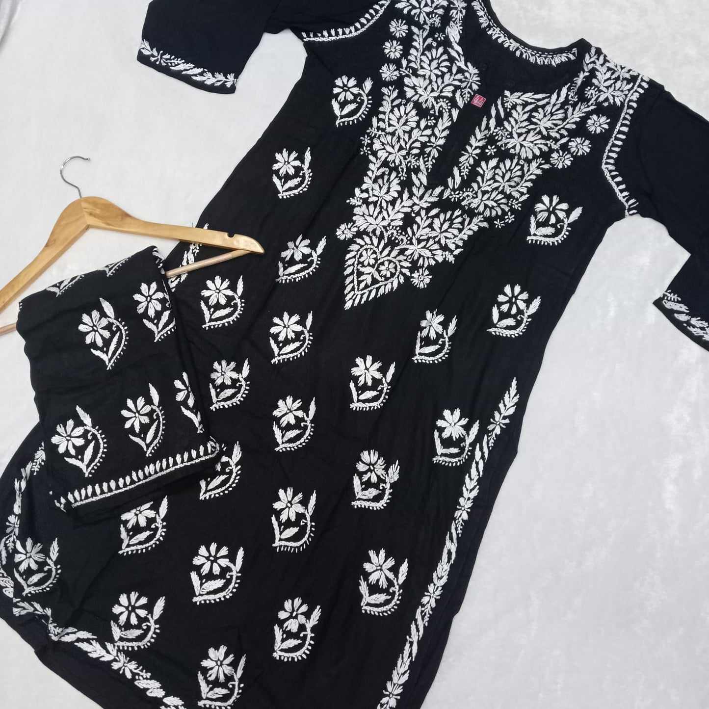 PURE RAYON KURTI PLAZO CHIKANKARI HANDWORK SET - BLACK COLOUR - Chikankaar