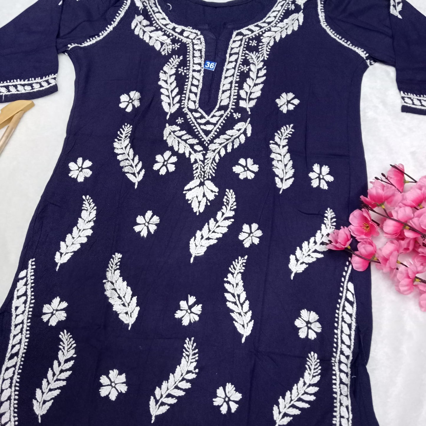Inaya Rayon Chikankari Handwork Short Kurti -Navy Blue colour - Chikankaar