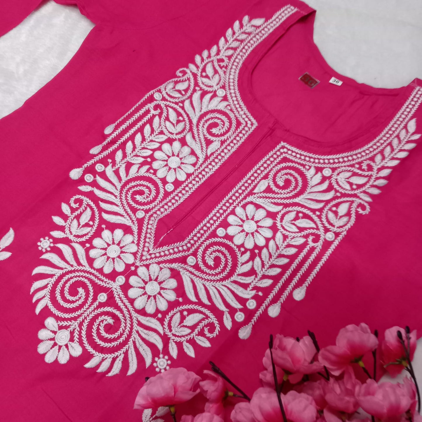 COTTON MACHINE WORK CHIKANKARI KURTI -RANI COLOUR - Chikankaar