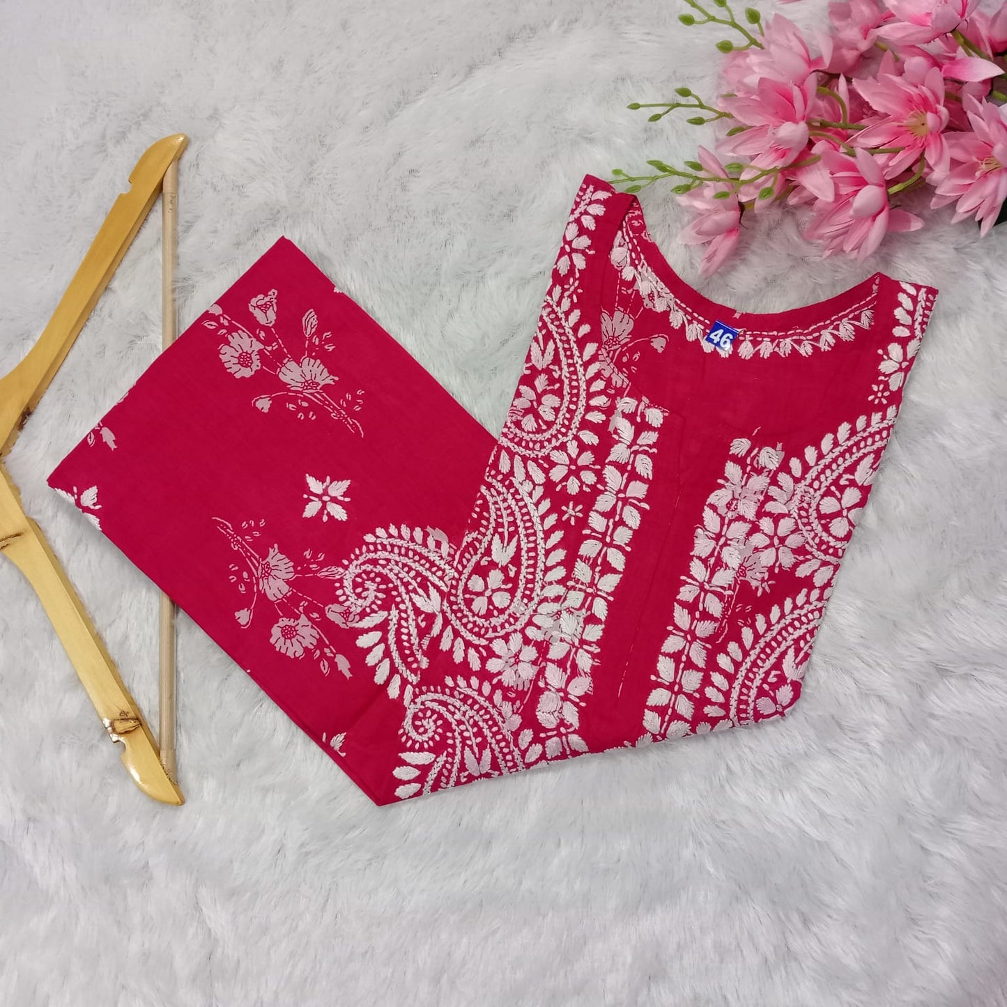 Pure Mulmul Printed Chikankari Kurti-dark Rani Colour - Chikankaar