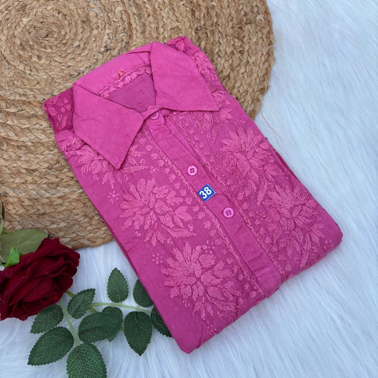 Sadia Dobby Cotton Ombre Shaded Chikankari Kurti with Collar - Pink Colour
