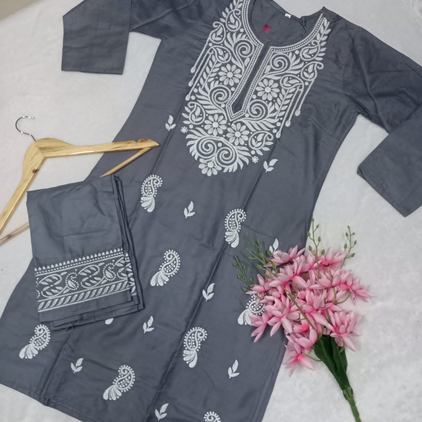 Rayon Chikankari Machine Work Kurti Plazo Set- Grey Colour - Chikankaar