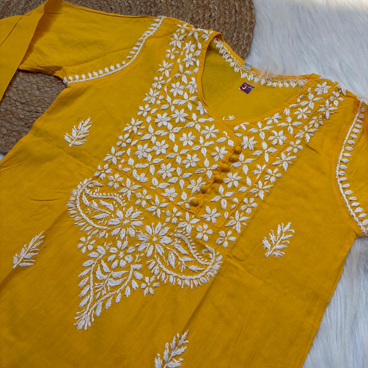 Sabeena Pure Cotton Chikankari Kurti Yellow Colour