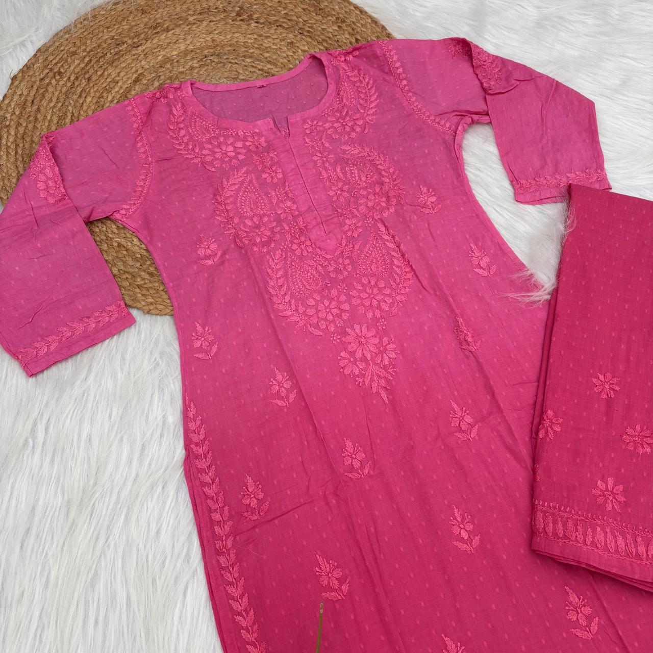 Nuha Dobby cotton Ombre shaded Lucknowi Chikankari Kurti Plazo Set - Gazri Colour