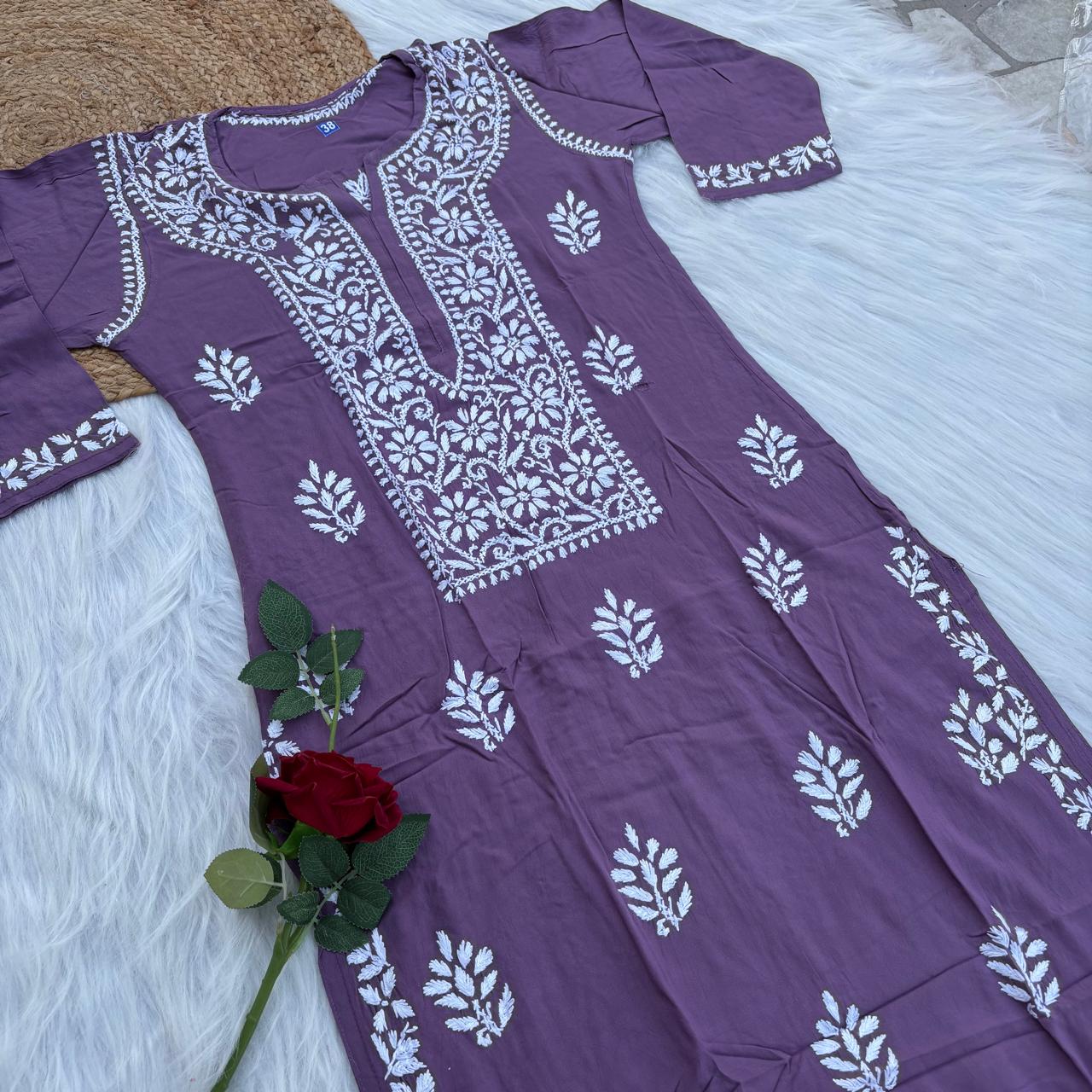 Soft Rayon Chikankari Kurti - Wine Colour