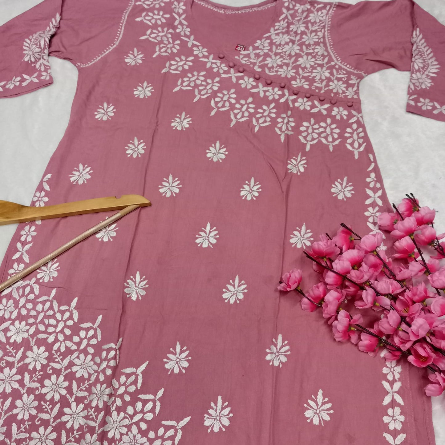 Zeenat Rayon Side Button Chikankari Kurti -Blush Colour - Chikankaar