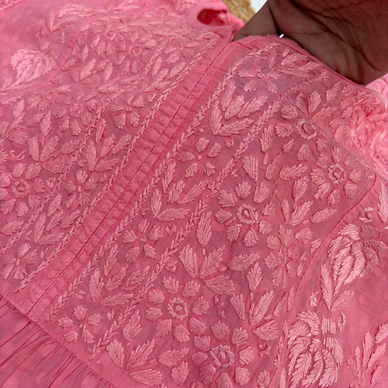 Aliya Dobby Cotton Nyra Cut Chikankari Aline Kurti - Peach Colour - Chikankaar