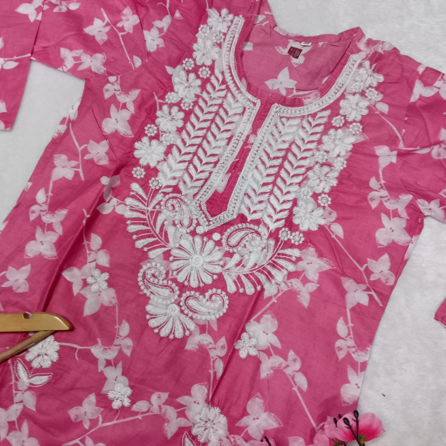 Mulmul Cotton Chikankari Machine Work Kurti - Pink Colour - Chikankaar