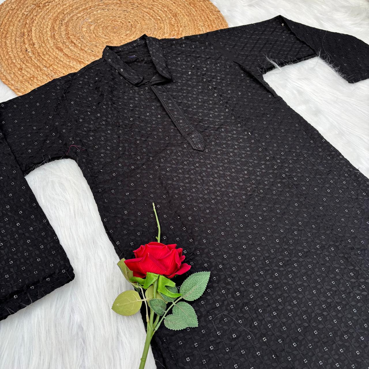 Ayaan Mens Cotton Chikankari Kurta - Black colour