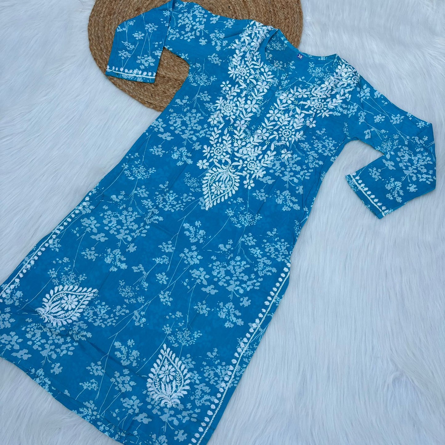 Mahira Sharma Inspired Pure Mulmul Printed Chikankari Handwork Kurti - Blue Colour - Chikankaar