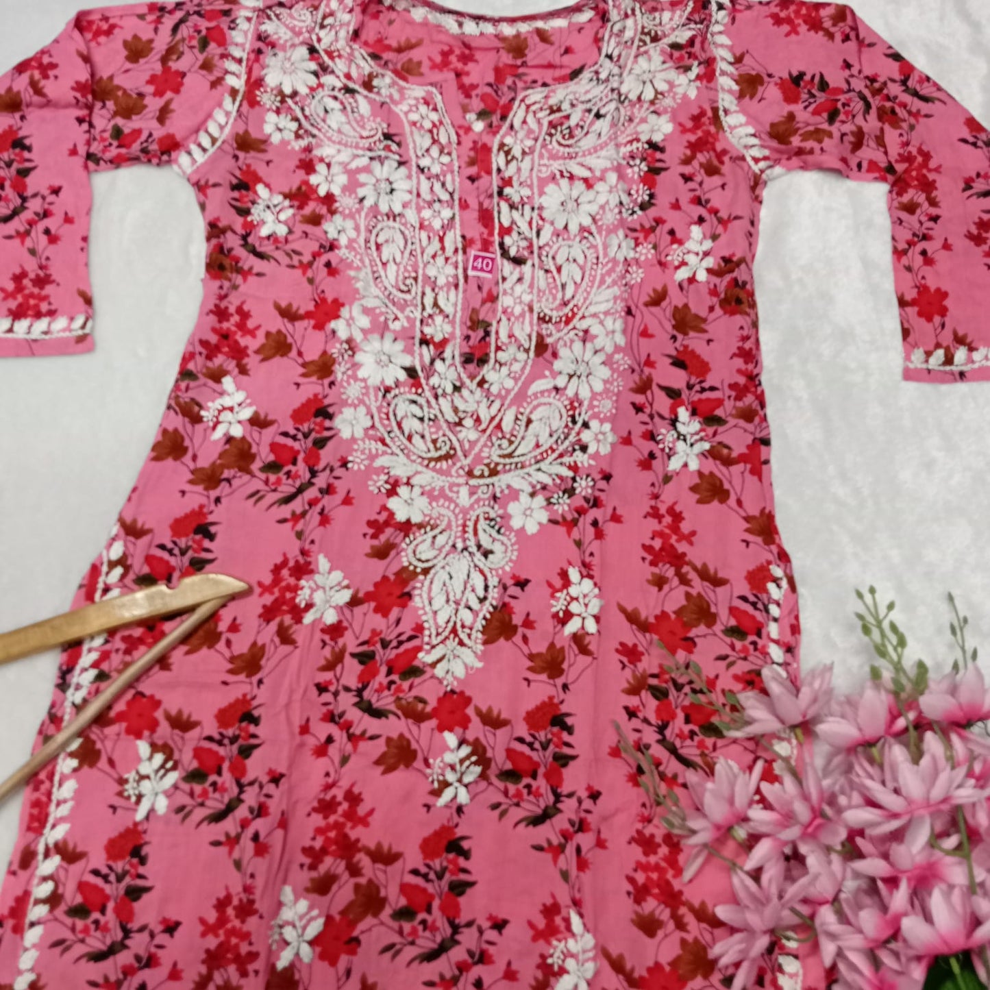 Soft Modal Floral Printed Chikankari Handwork Kurti - Pink Colour - Chikankaar