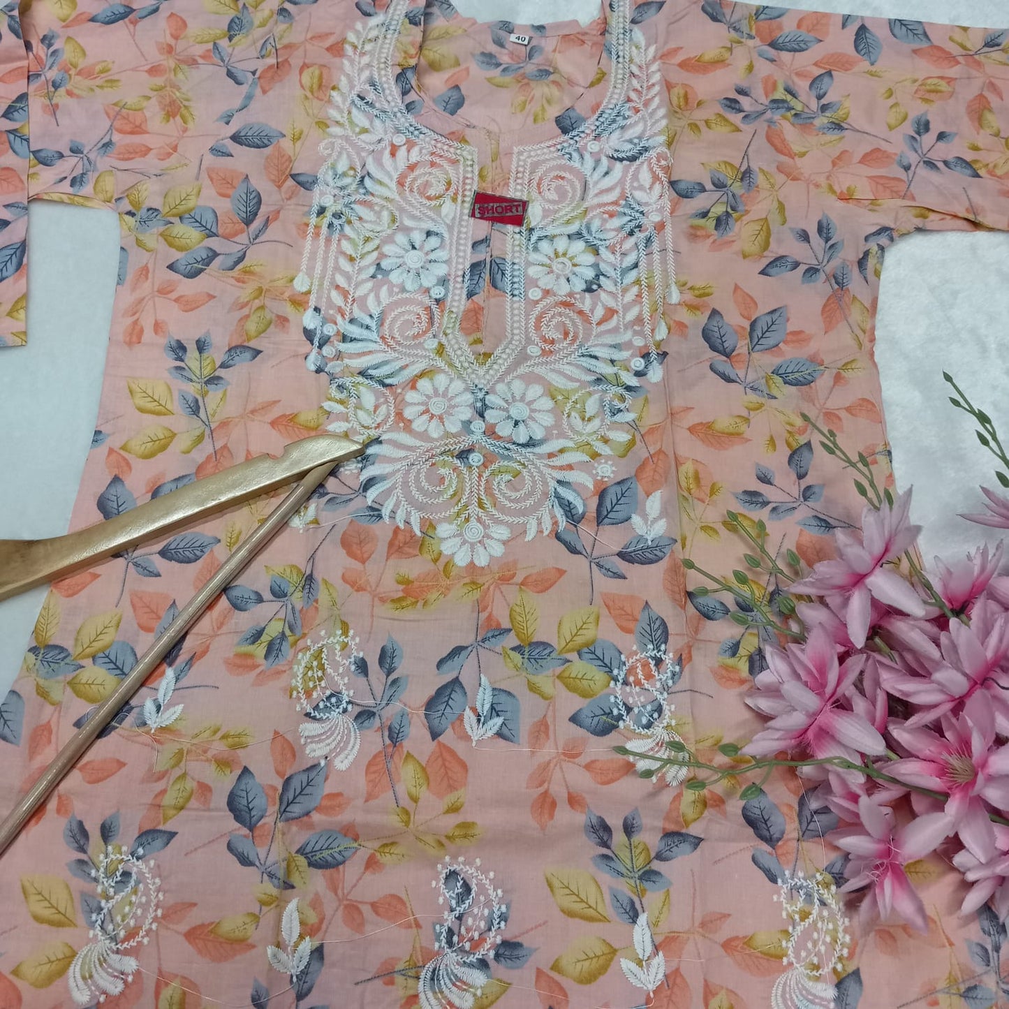 Mulmul Cotton Chikankari Short Kurti - Peach Colour