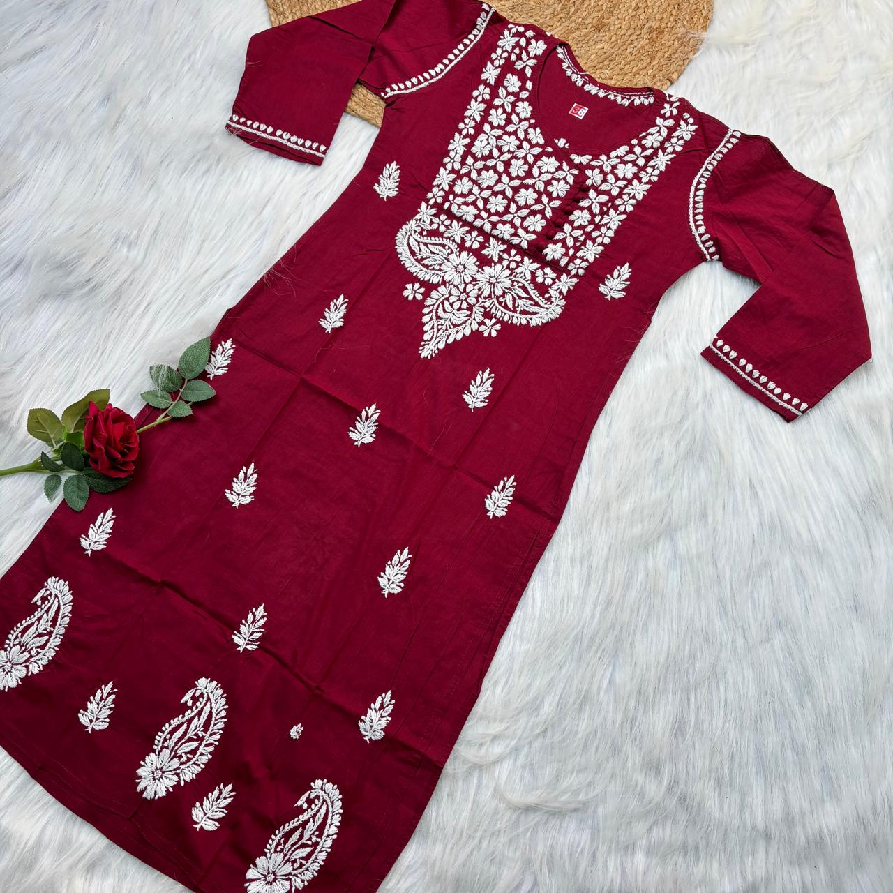 Sabeena Pure Cotton Chikankari Kurti Maroon Colour