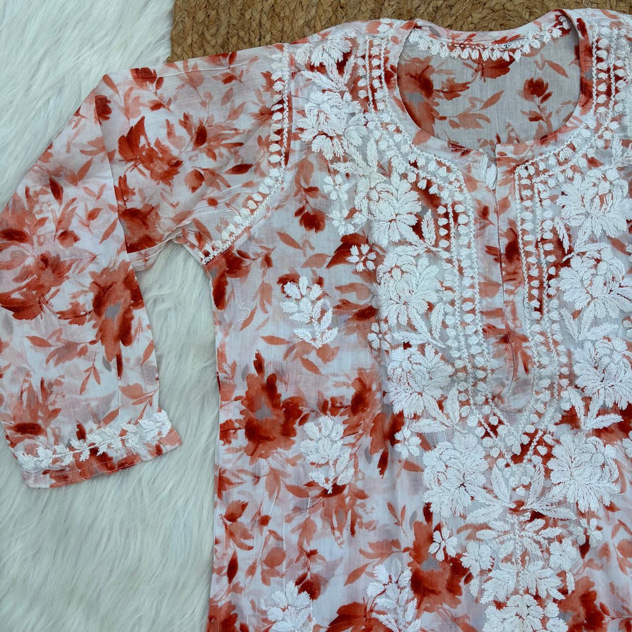 Aaliyah Mulmul Cotton Chikankari Kurti Set -Orange Colour