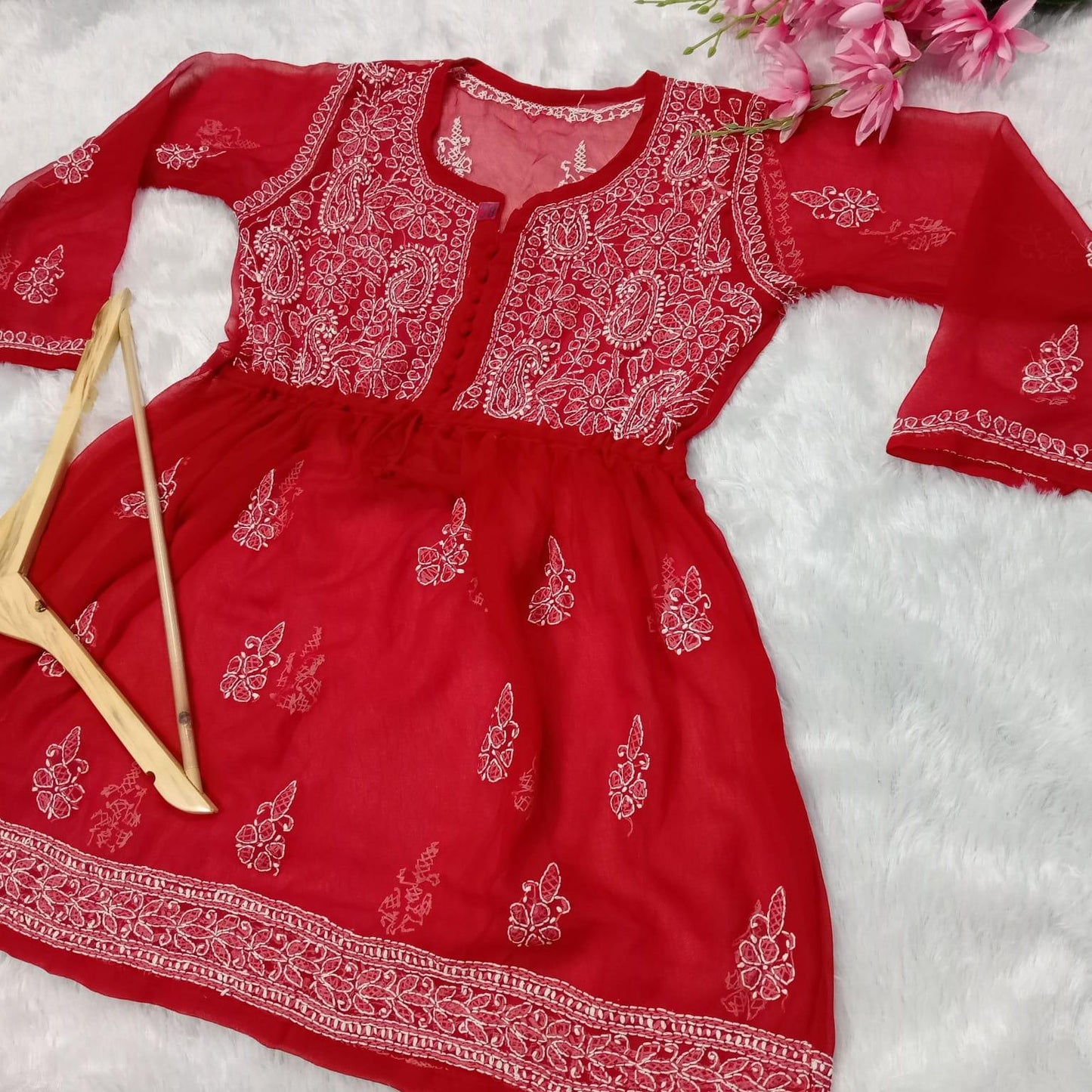 Chikankari Georgette Short Gown With Dori - Red Colour - Chikankaar