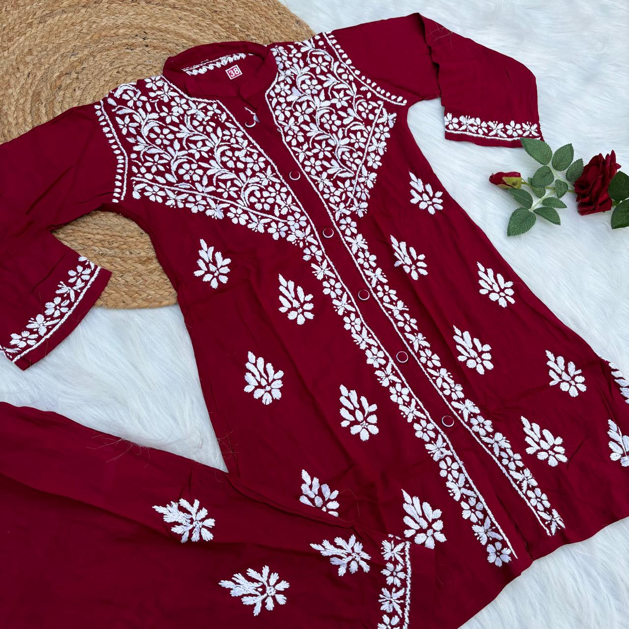 Rihana Rayon Chikankari Short Kurti Plazo Coord Set - Maroon colour - Chikankaar