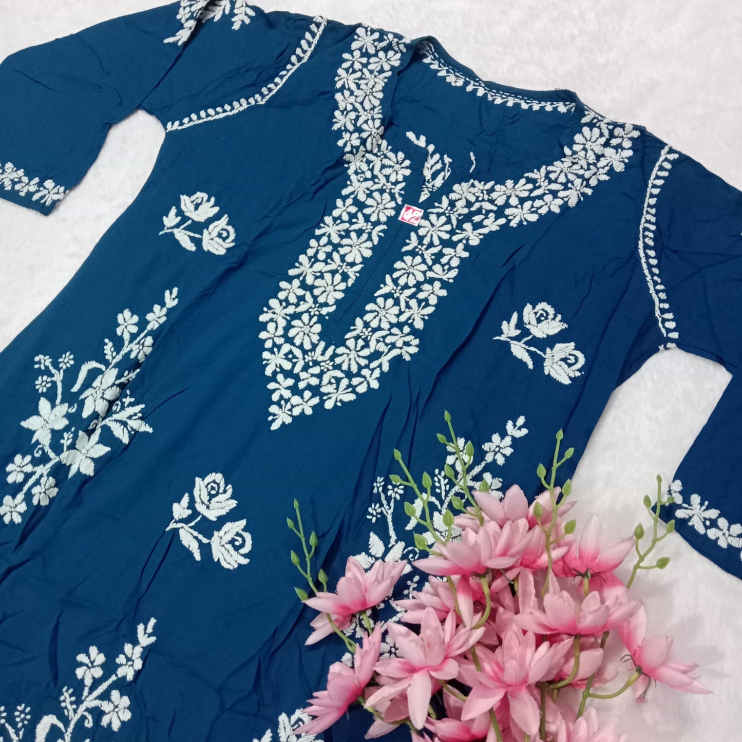 PREMIUM MODAL SILK CHIKANKARI KURTI - BLUE COLOUR - Chikankaar
