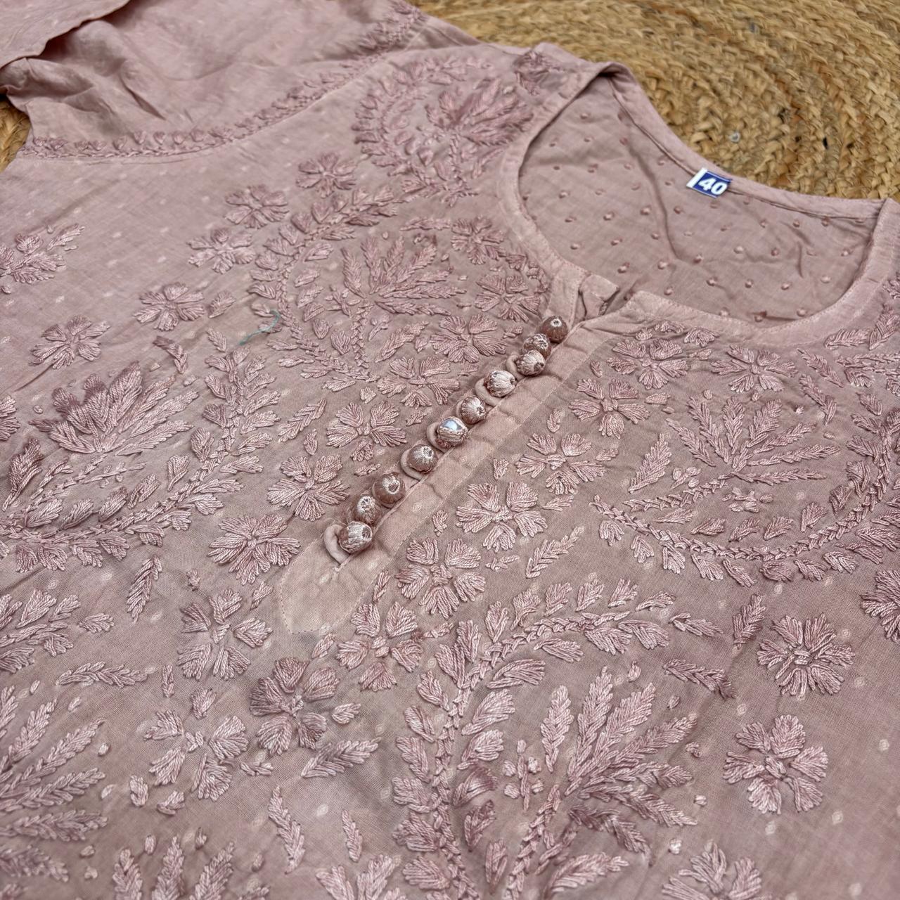 Farah Ombre Shaded Dobby Cotton Chikankari Kurti - Brown colour