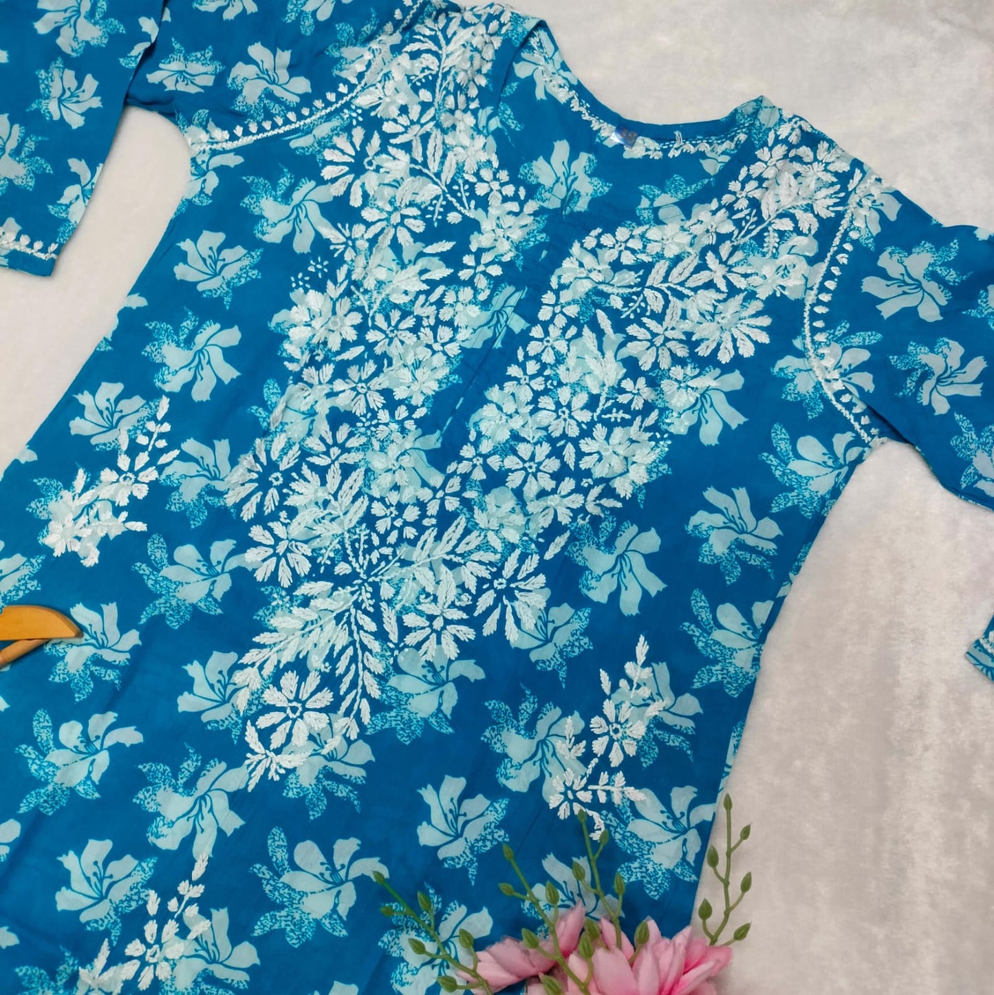 Suhana Khan Inspired Pure Mulmul Chikankari Kurti- Sky Blue Colour - Chikankaar
