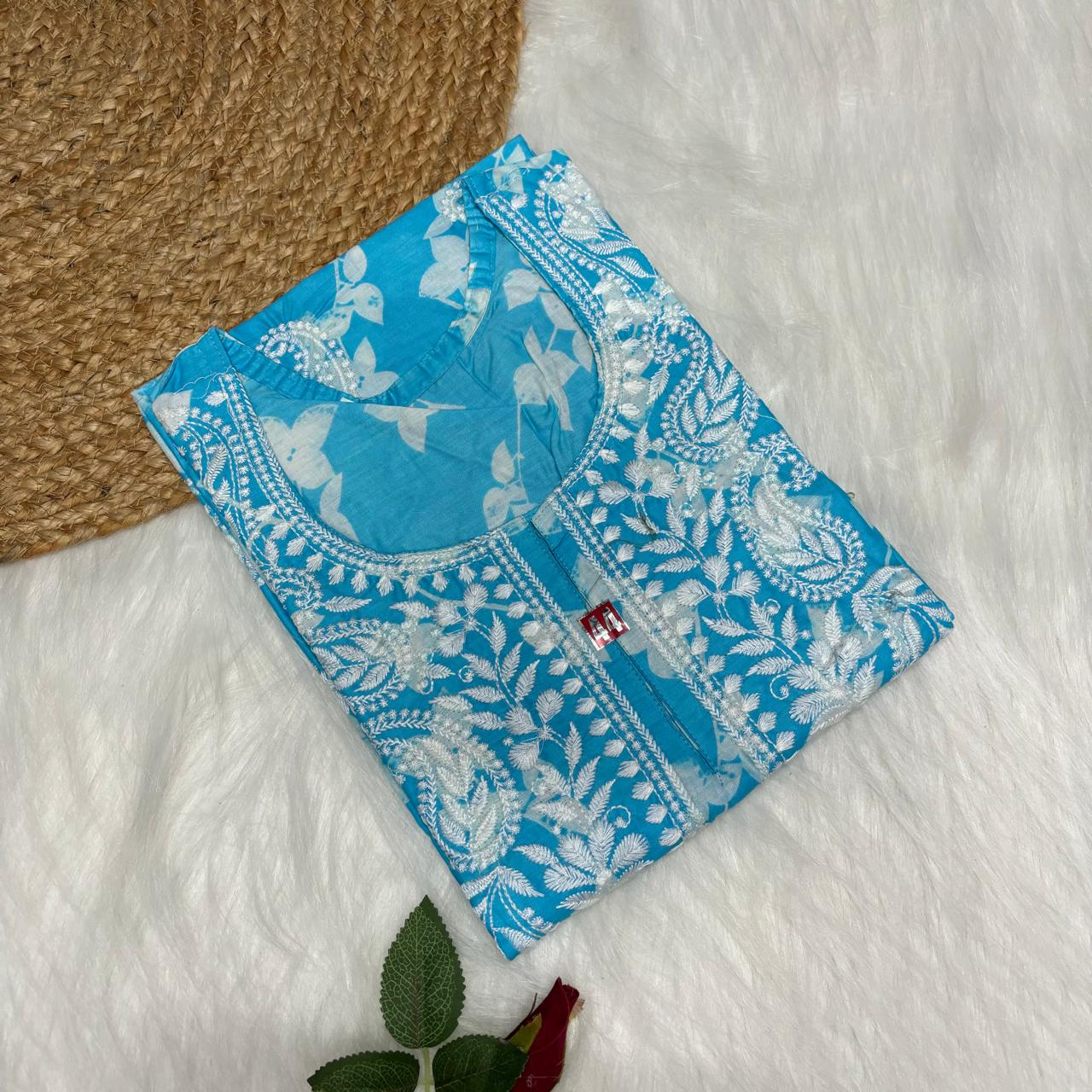 Mulmul Cotton Chikankari Machine Work Kurti -Sky Blue Colour - Chikankaar