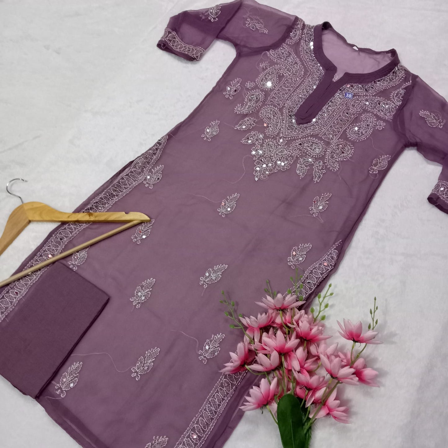 Georgette Mirror Work Chikankari Kurti With Inner- Light Mauve Colour - Chikankaar