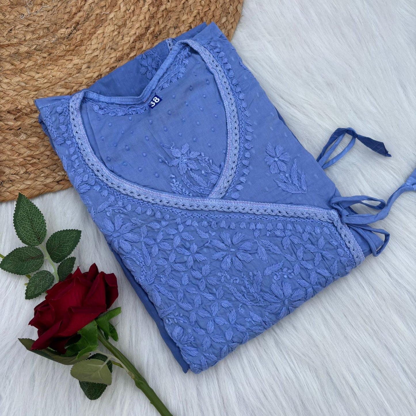 Shazia Ombre Shaded Dobby Cotton Chikankari Angarakha - Ocean Blue Colour