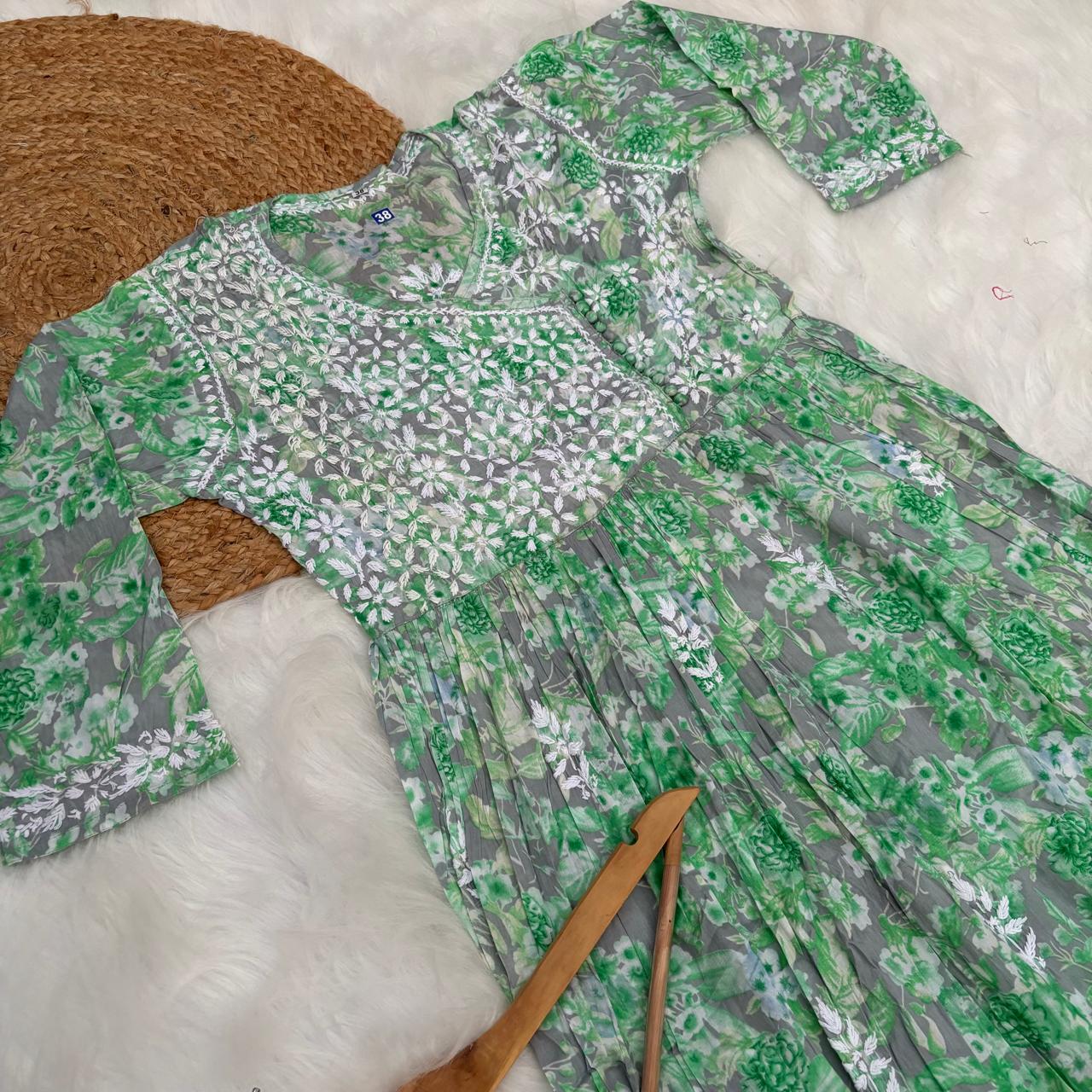 Zainab Pure Mulmul Cotton Gown - Green Colour - Chikankaar