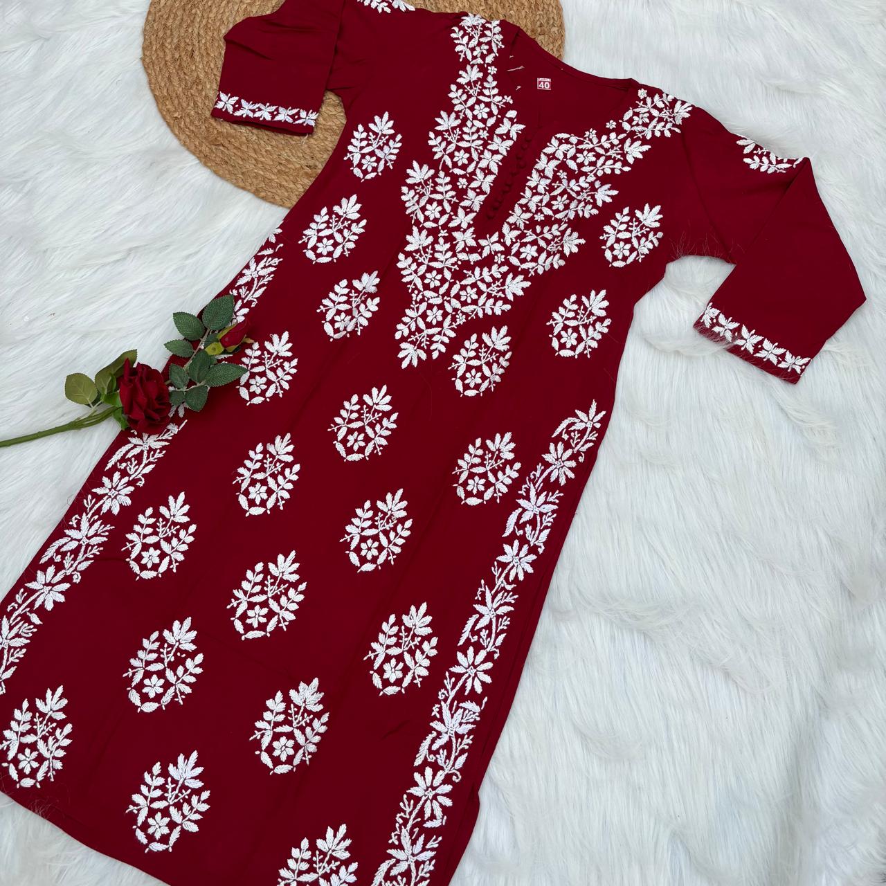 Ameena Soft Rayon Chikankari Kurti - Maroon Colour