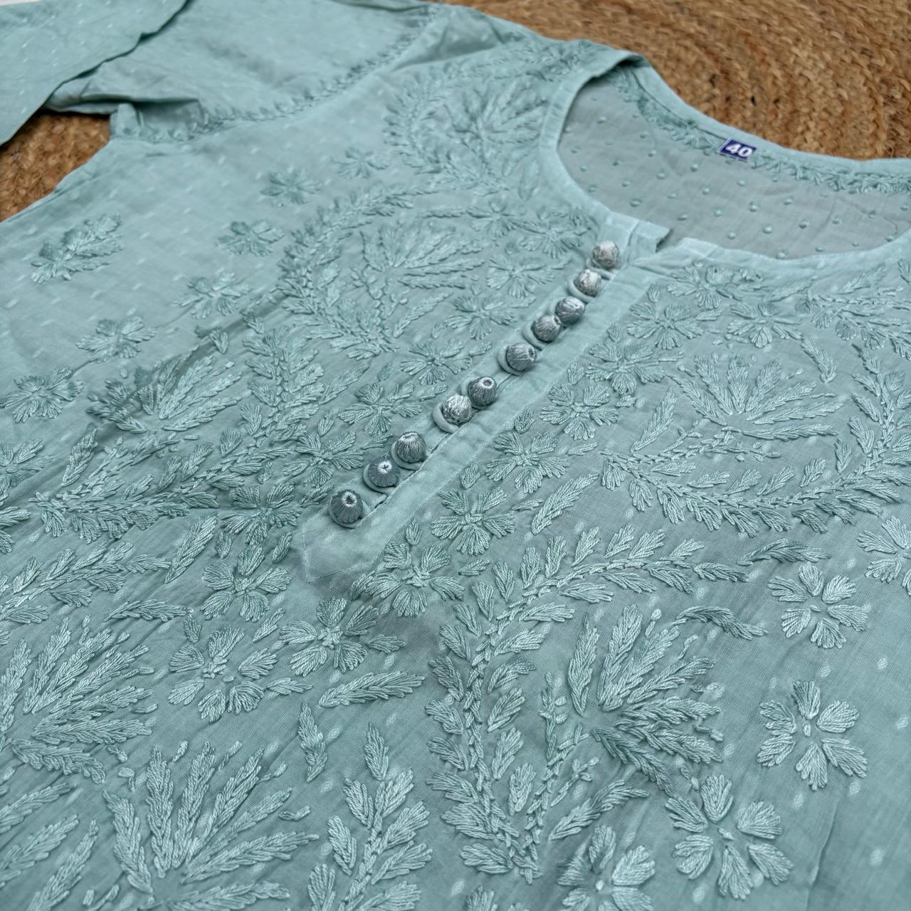 Farah Ombre Shaded Dobby Cotton Chikankari Kurti - Pista green colour