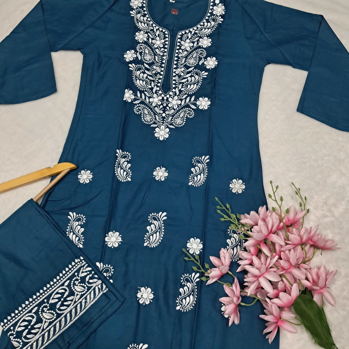 Rayon Chikankari Machine Work Kurti Plazo Set-t Blue Colour - Chikankaar