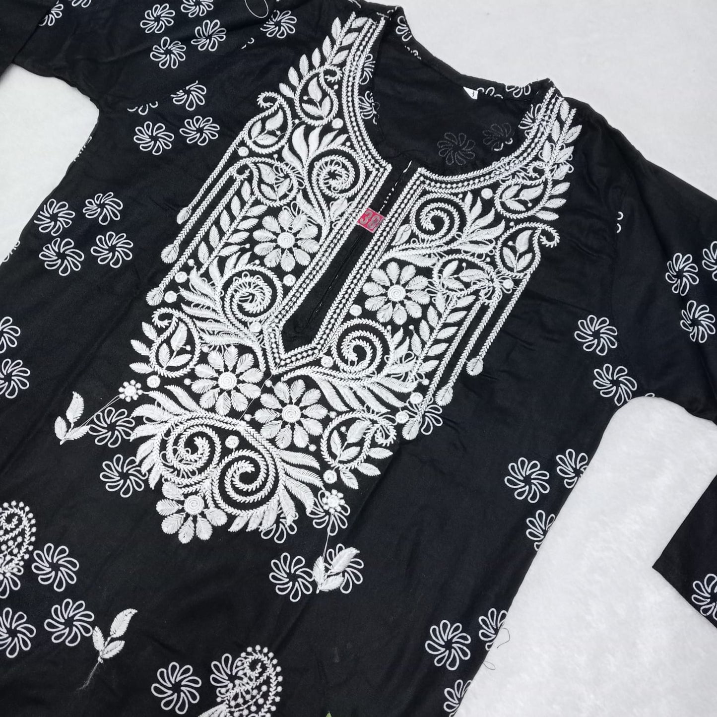 Rayon Chikankari Machine Work Kurti-Black Colour - Chikankaar