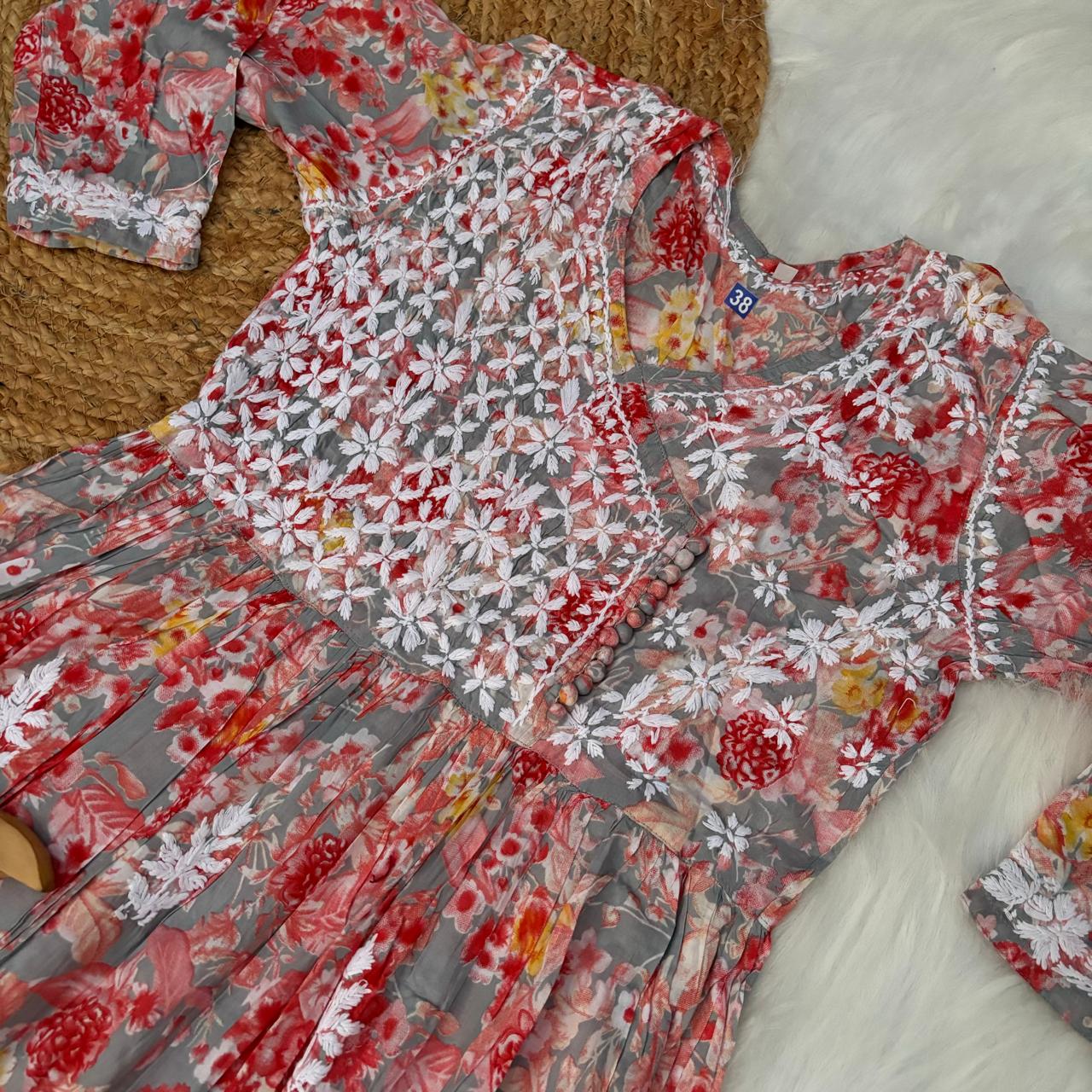 Zainab Pure Mulmul Cotton Gown - Red Colour - Chikankaar