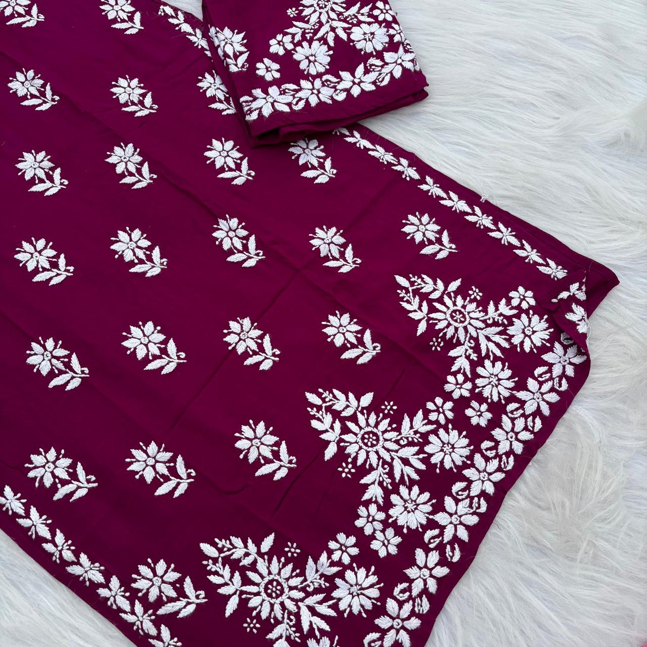 Maya Rayon Chikankari Kurti Plazo Set - Wine Colour