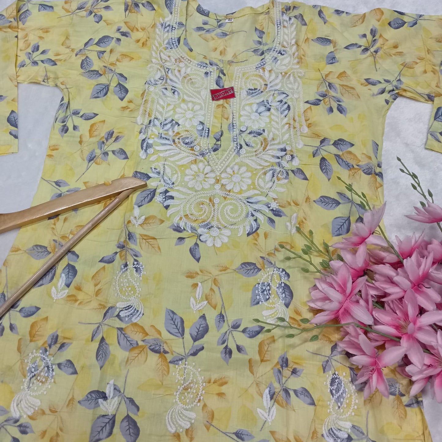 Mulmul Cotton Chikankari Short Kurti - Yellow Colour