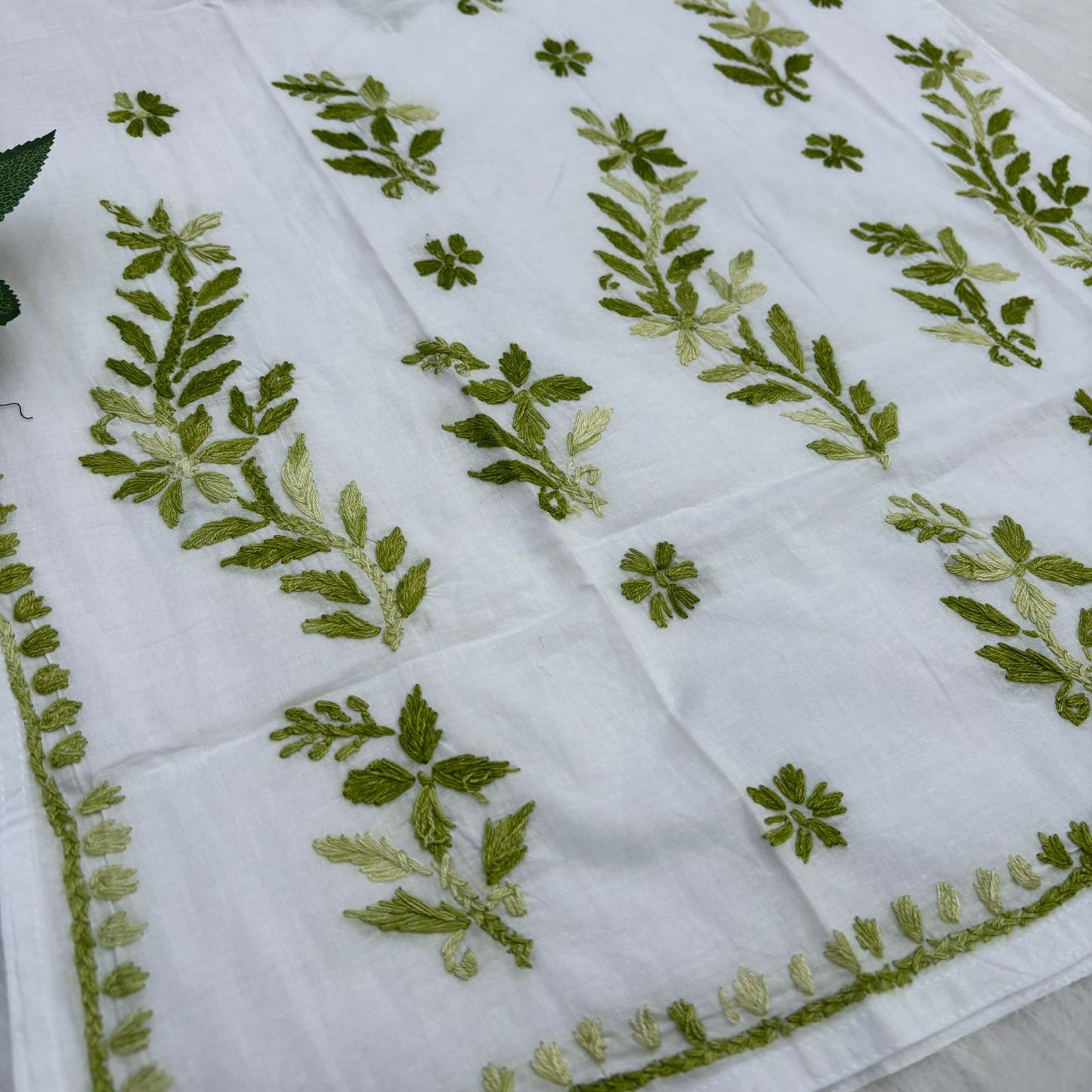 Alia Soft Rayon Chikankari Short Kurti - White Green Color - Chikankaar