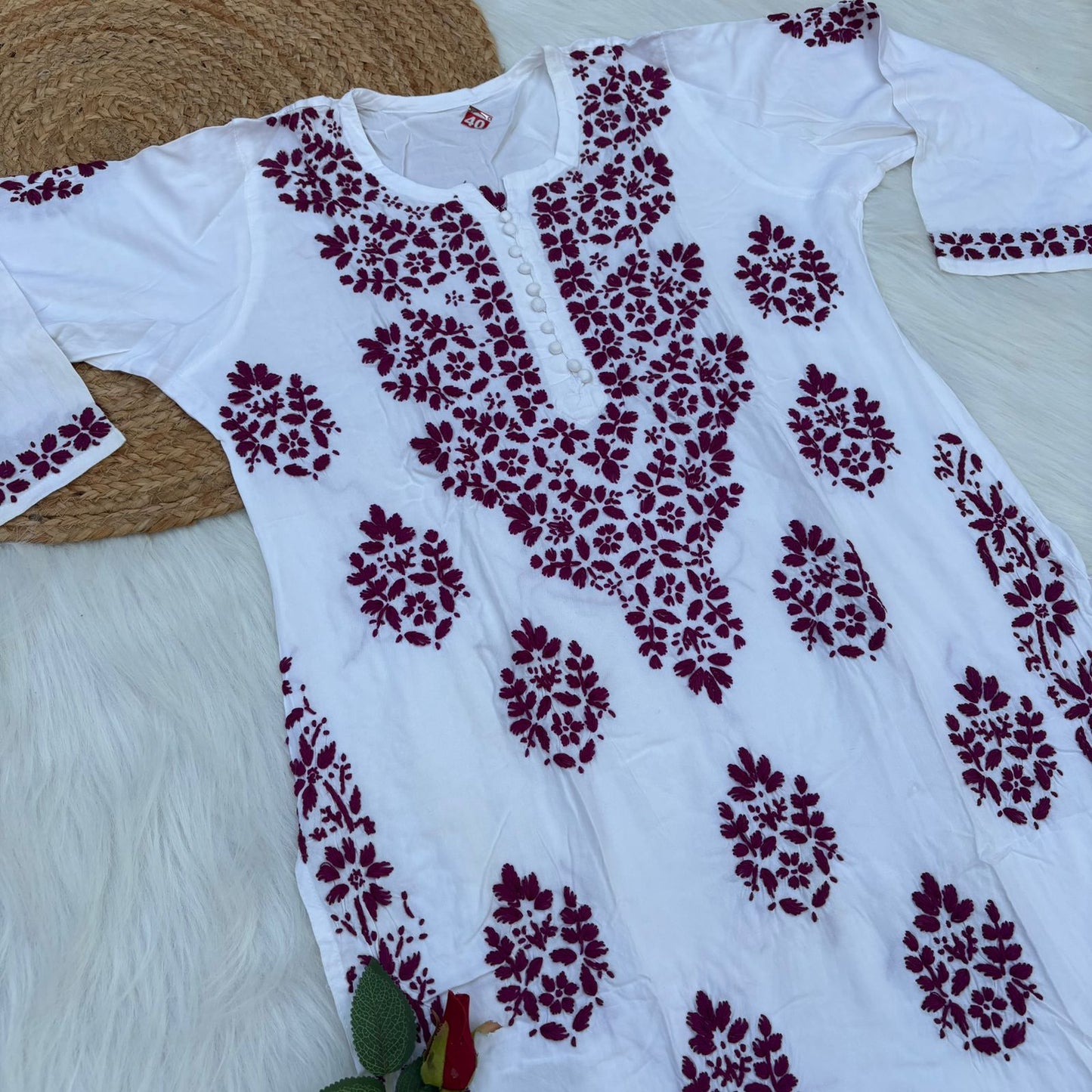 Amira Soft Rayon Chikankari Kurti - Wine on White Color - Chikankaar