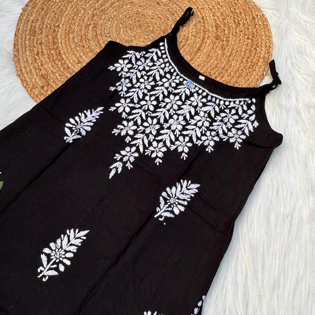 Safa Rayon Chikankari Noodle Strap Short Kurti -Black colour (Length - 38")