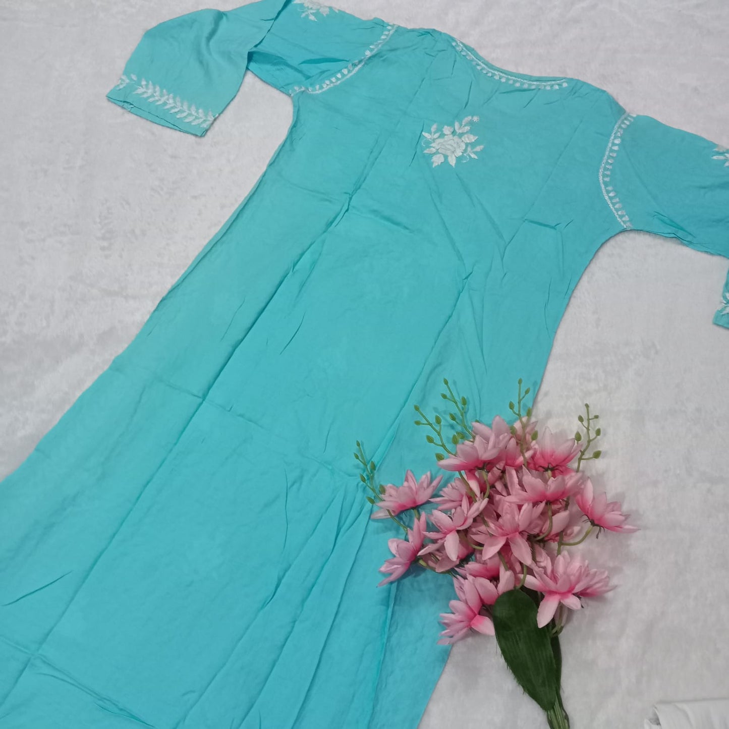 Premium Rose Modal Silk Chikankari Kurti - Sky Blue - Chikankaar
