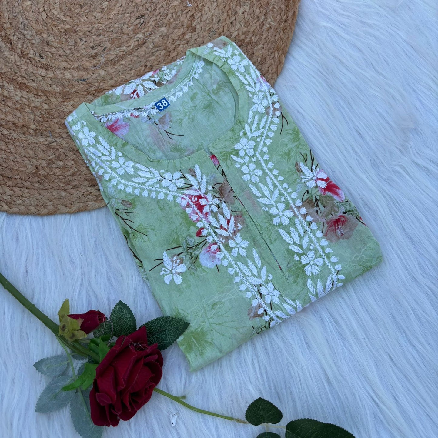 Rasha Pure Mulmul Chikankari Kurti - Pista Colour