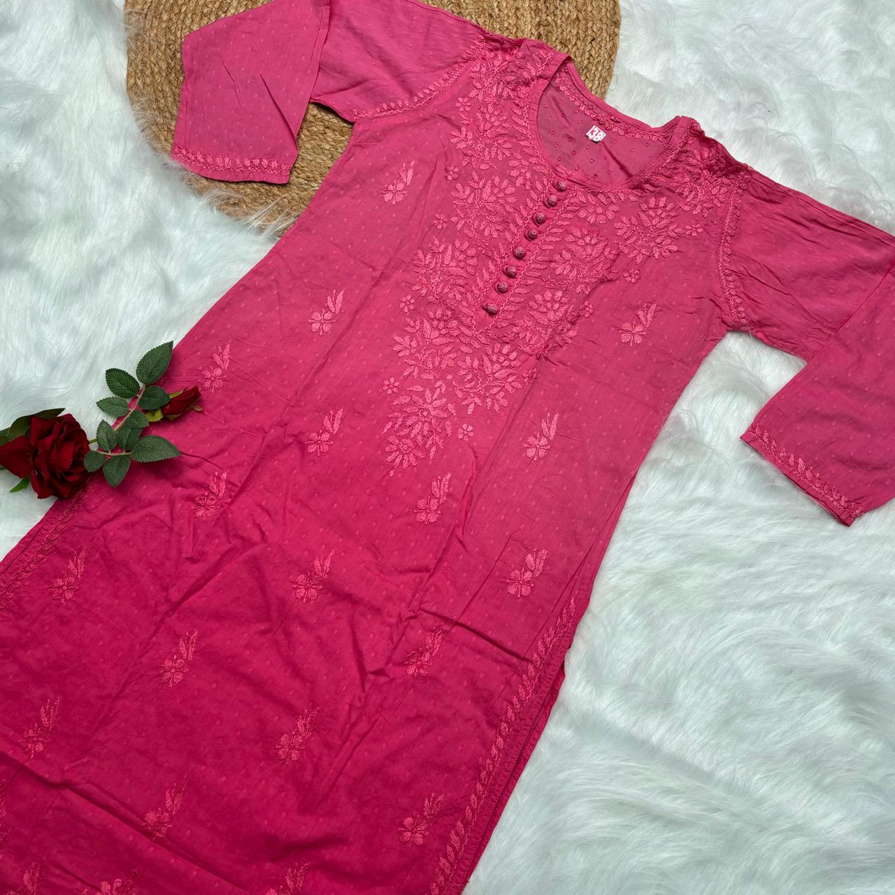 Adaah Ombre Shaded Dobby Cotton Chikankari Kurti - Gazri colour - Chikankaar
