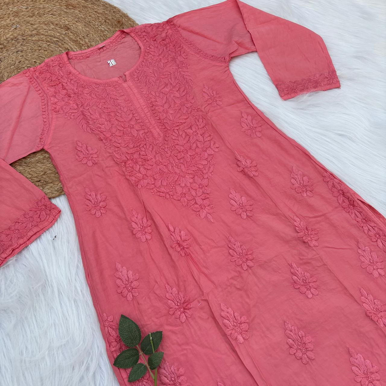 Zooni Chanderi Lucknowi Chikankari Dyed Kurti- Gazri colour