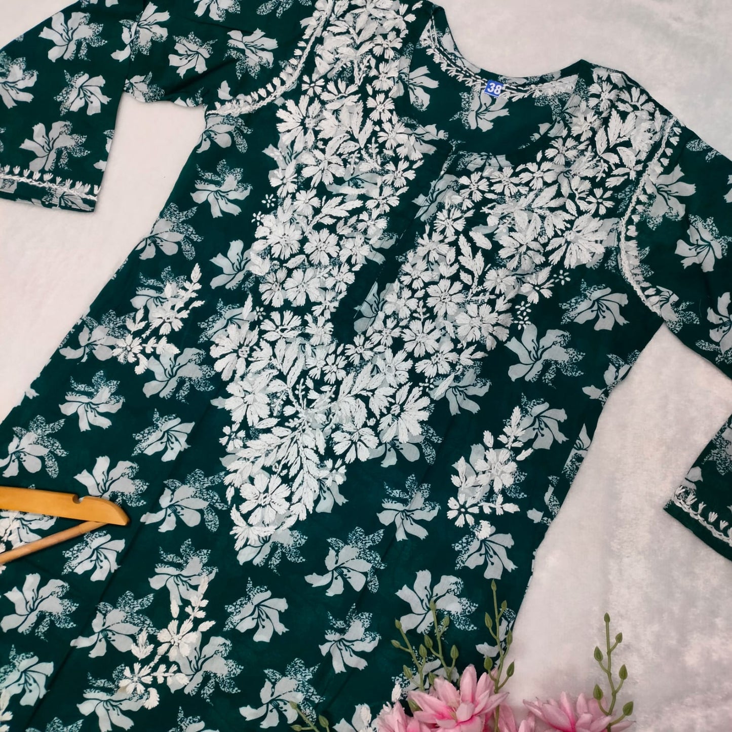 Suhana Khan Inspired Pure Mulmul Chikankari Kurti- Dark Green Colour - Chikankaar