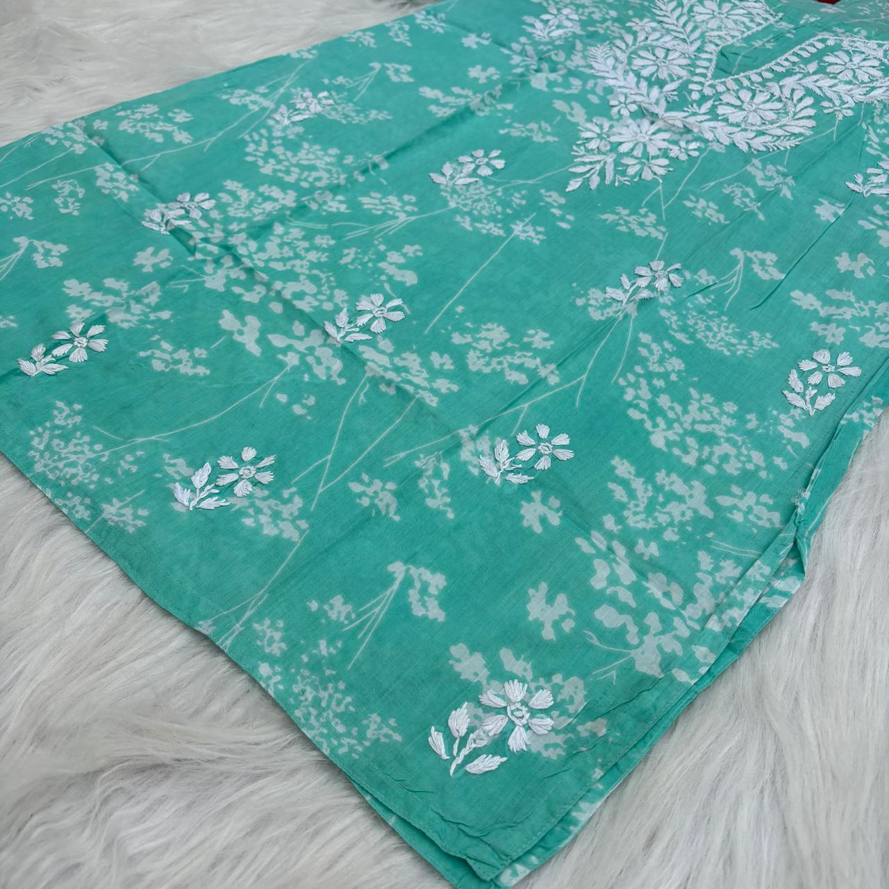 Malika Pure Mulmul Cotton Short Kurti - Sea green Colour