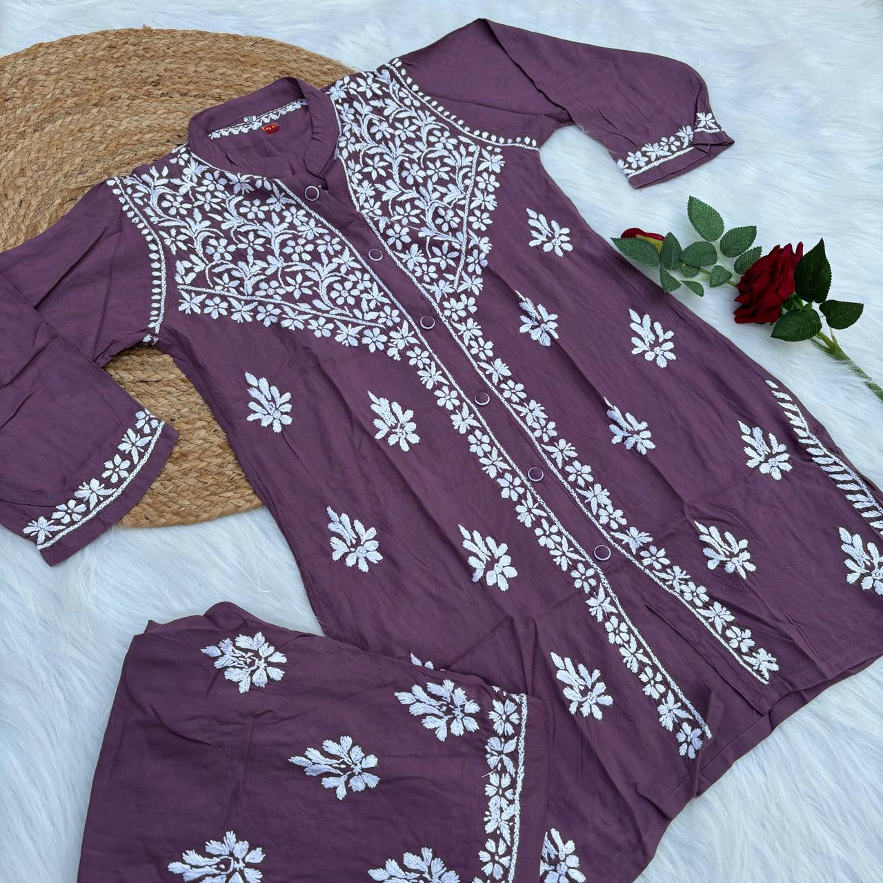 Rihana Rayon Chikankari Short Kurti Plazo Coord Set - Mauve colour - Chikankaar