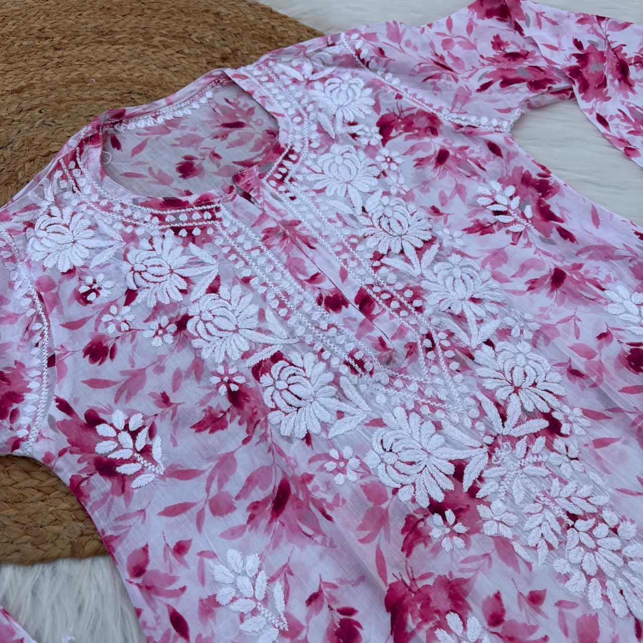 Aaliyah Mulmul Cotton Chikankari Kurti Set - Pink Colour