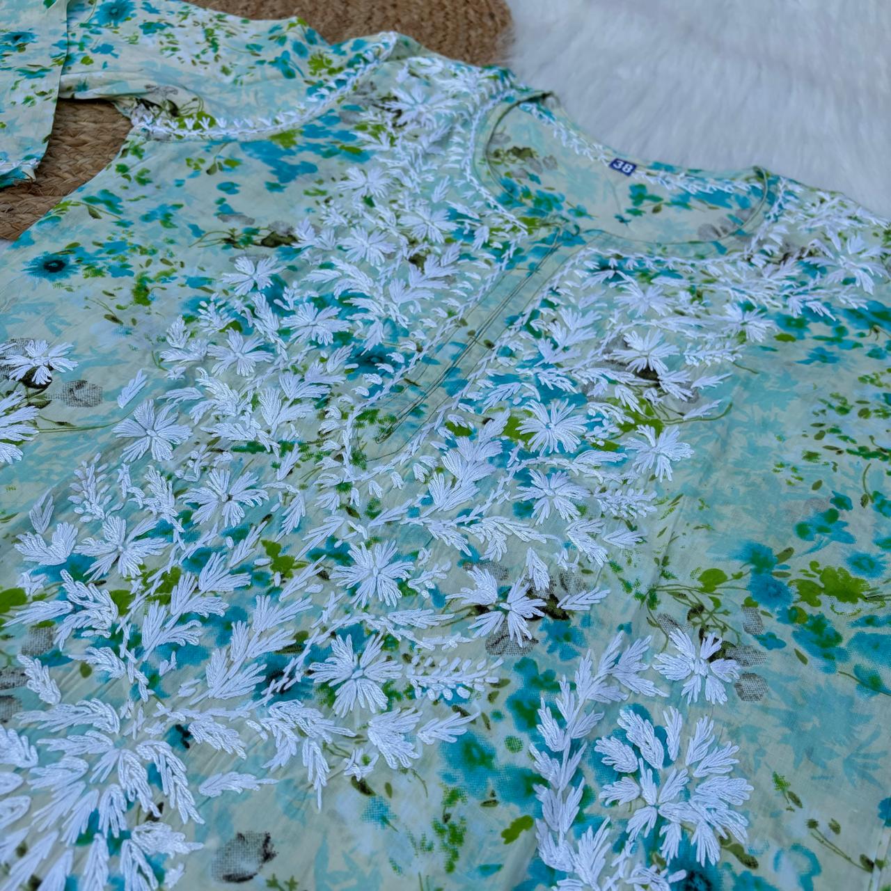 Fatima Pure Mulmul Chikankari Handwork Kurti - Sea Green Colour - Chikankaar