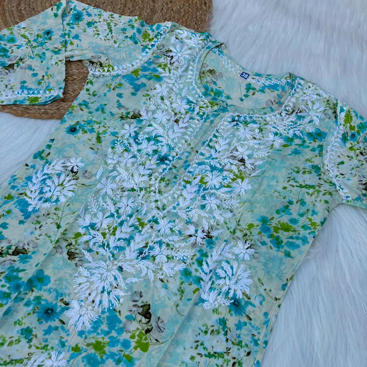 Fatima Pure Mulmul Chikankari Handwork Kurti - Sea Green Colour - Chikankaar
