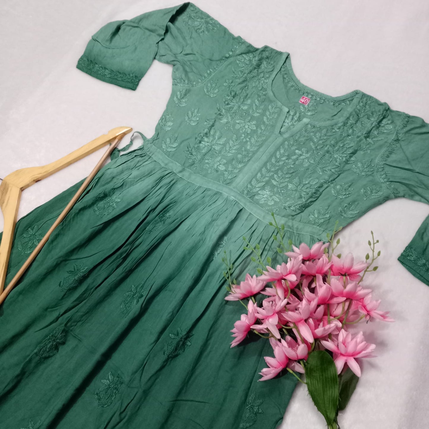Pure Modal Dual Shaded Chikankari Gown With Dori-dark Green - Chikankaar