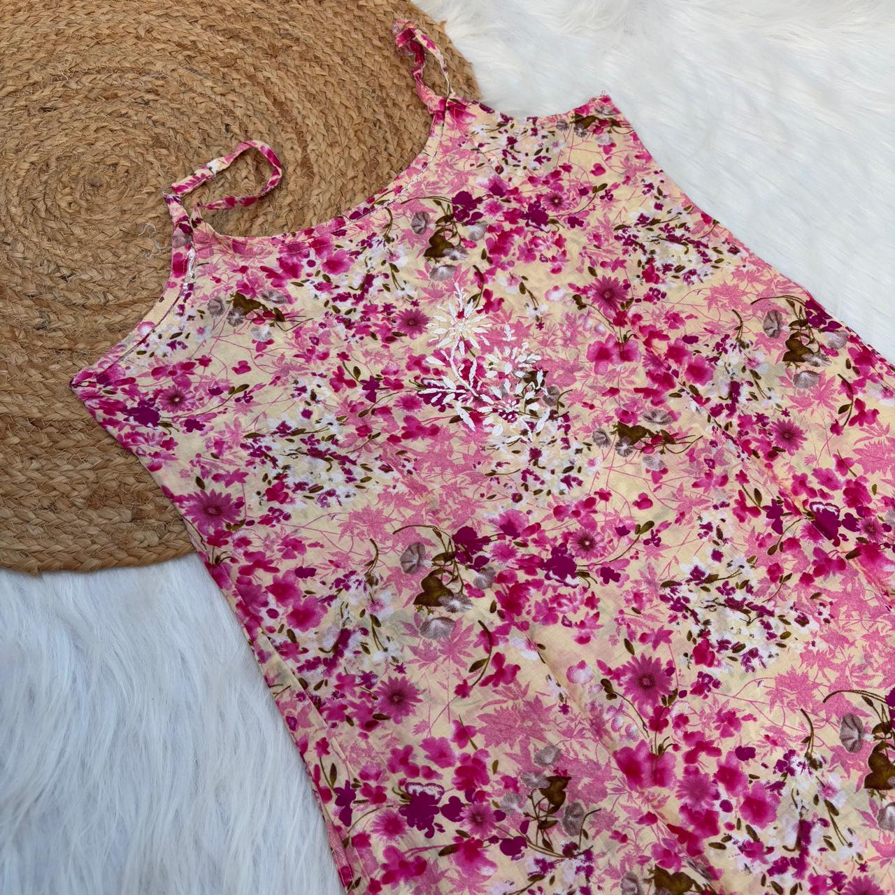 Hana Mulmul Chikankari Noodle Strap Short Kurti -Pink colour (Length - 38")